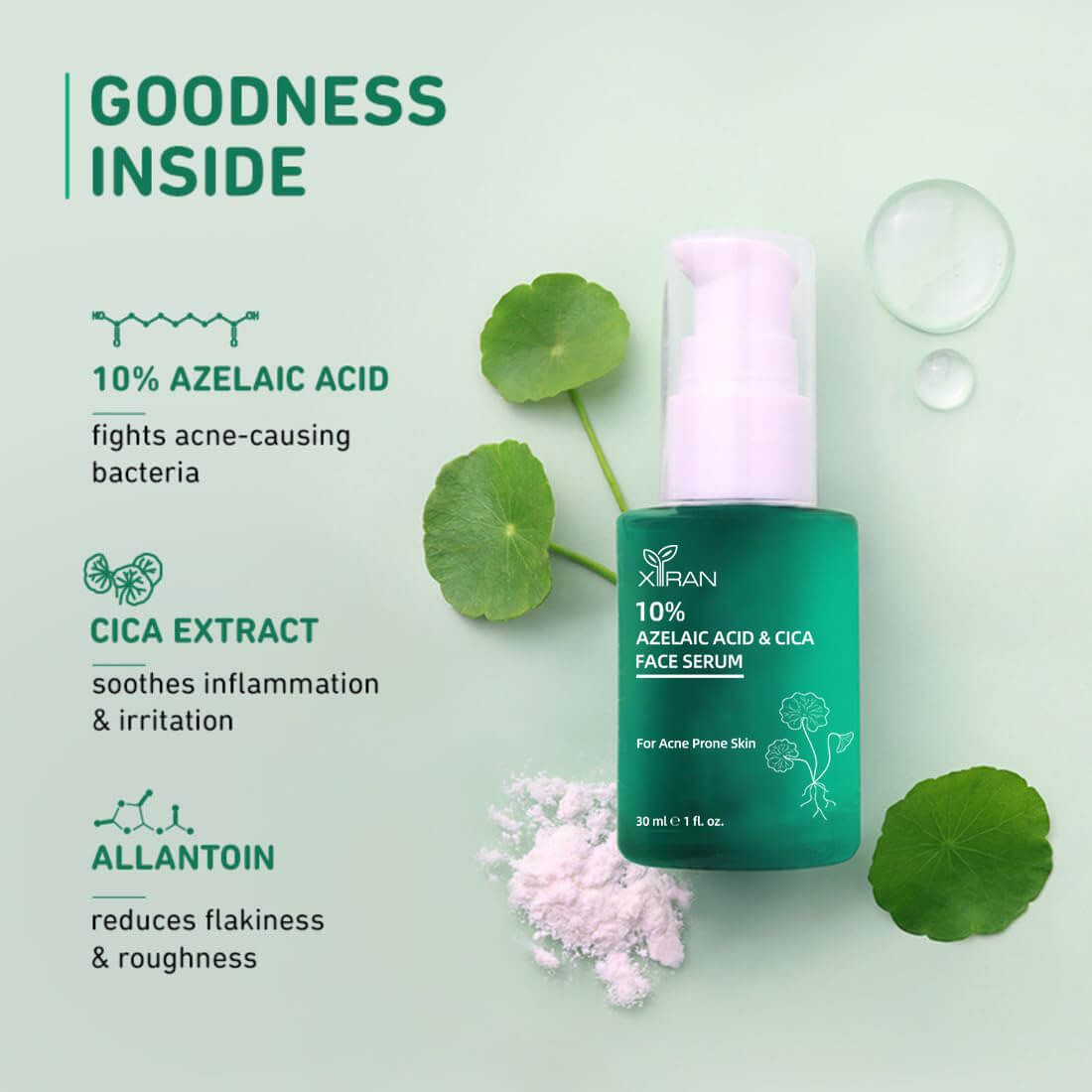 10% Azelaic Acid, calming Cica extract & the nourishing Allantoin.