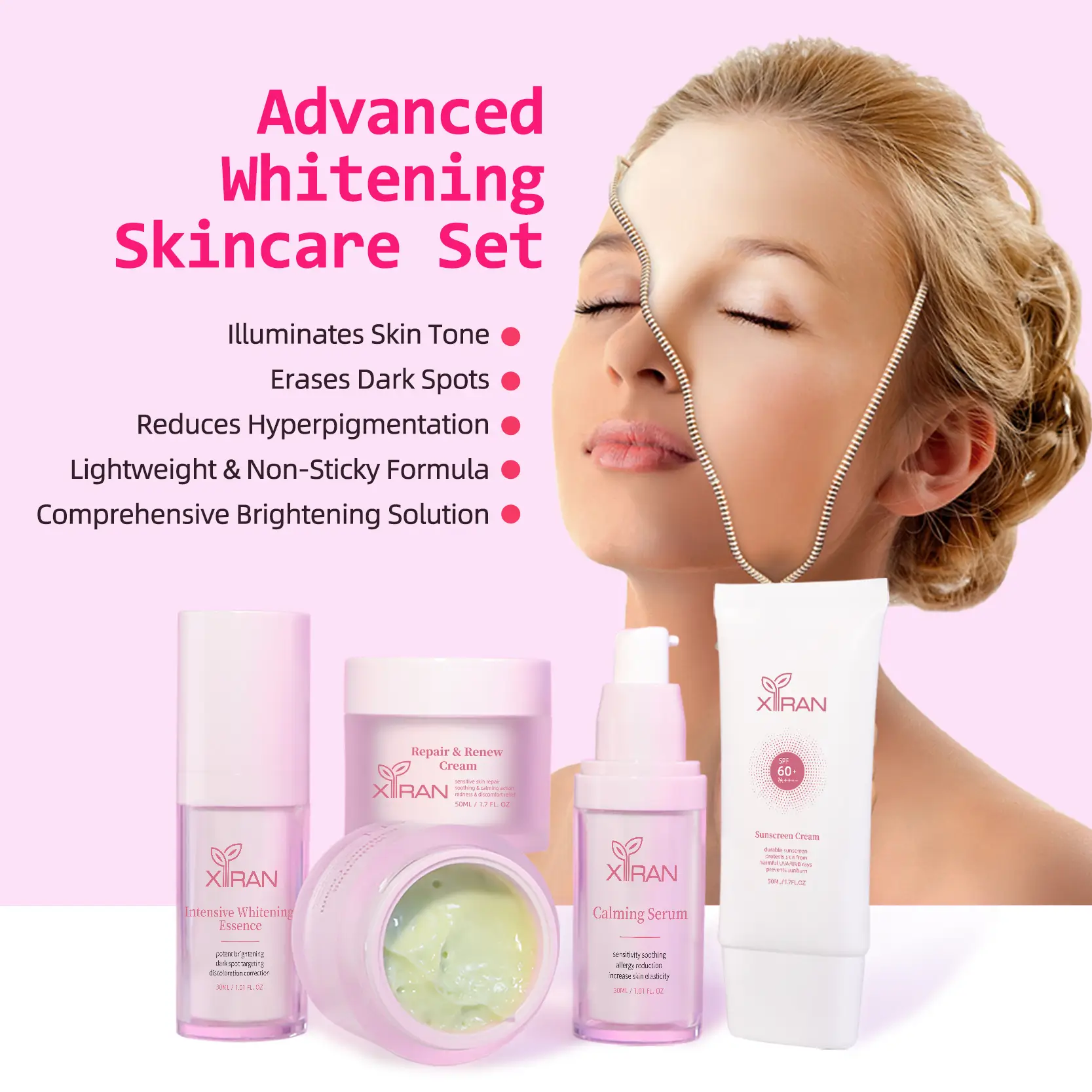 Private Label Pink Whitening Skincare Set with Sunscreen SPF 60+ PA+++