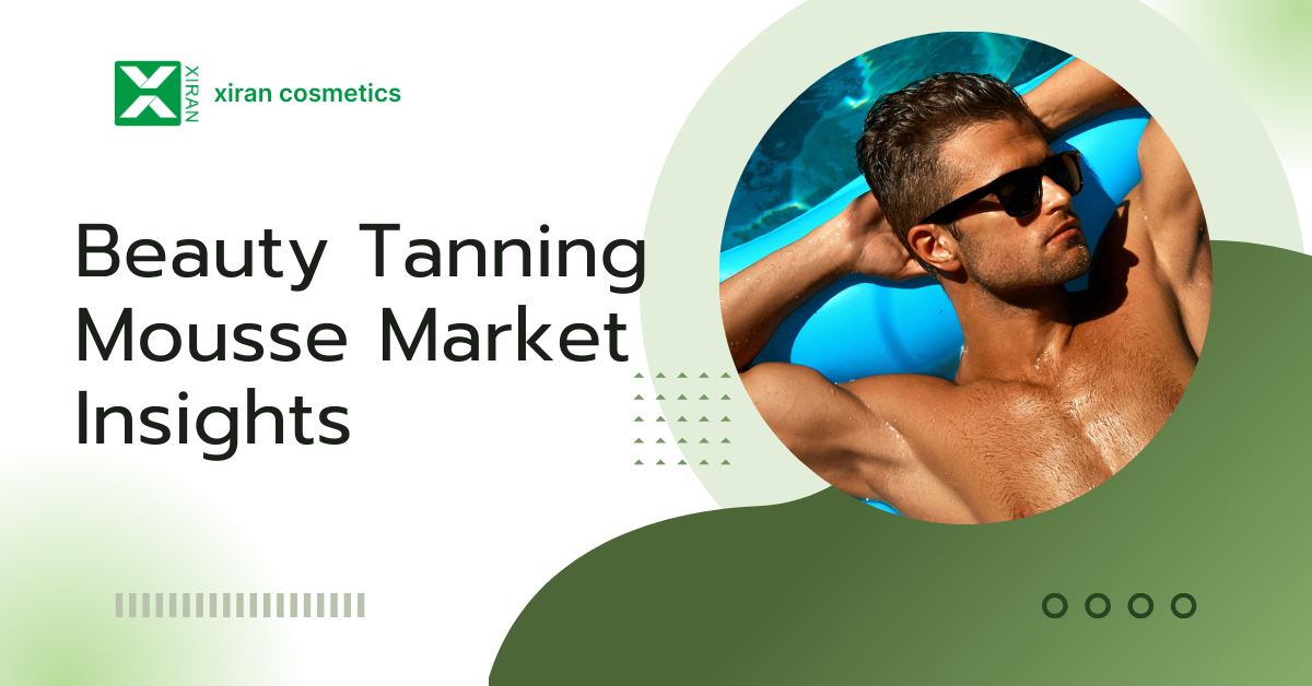 Image with title 'Beauty Tanning Mousse Market Insights' featuring a person sunbathing on a pool float.