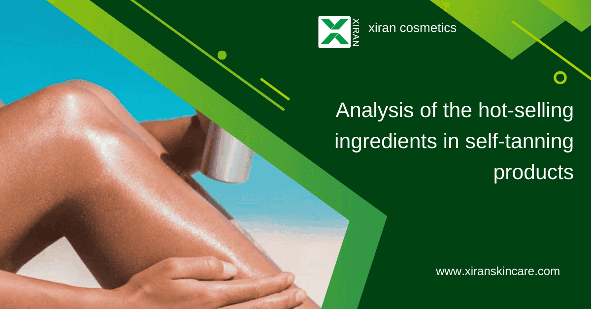 A promotional image for Xiran Cosmetics featuring a self-tanning product.