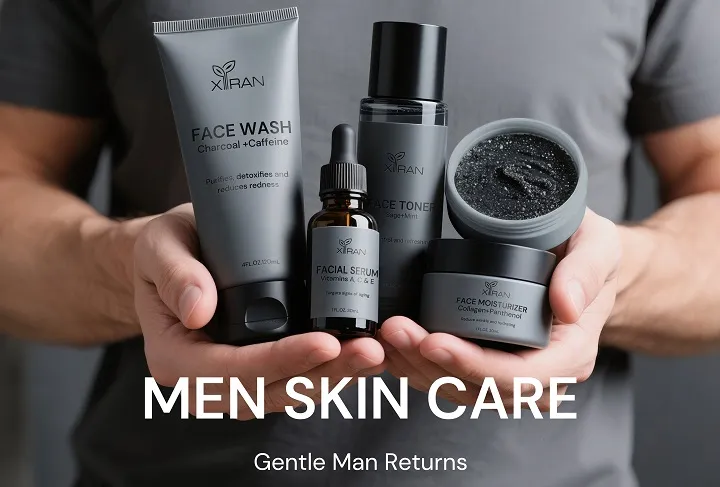 Assorted men's skincare products being held in hands, including face wash, toner, serum, and moisturizer from the XIRAN brand.