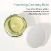 A jar of light green nourishing cleansing balm with its white cap placed beside it.