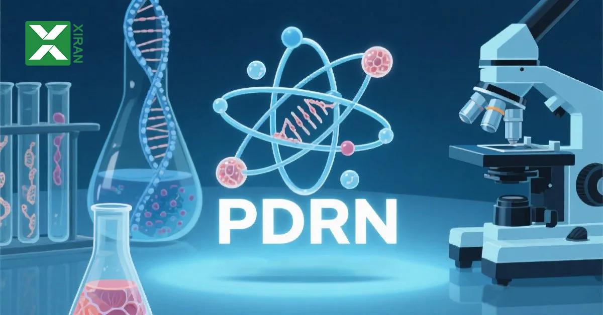 Illustration showing laboratory equipment with PDRN, including test tubes, a microscope, and DNA structures.