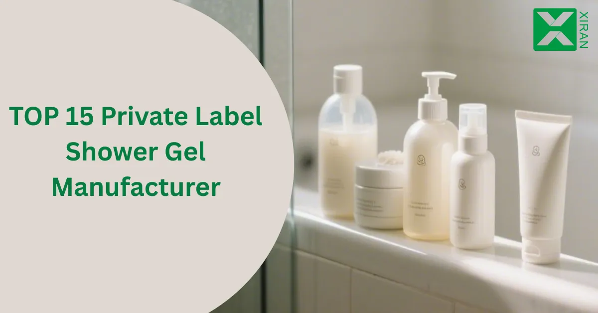 TOP 15 Private Label Shower Gel Manufacturer with image of various shower gel bottles on a bathroom shelf.
