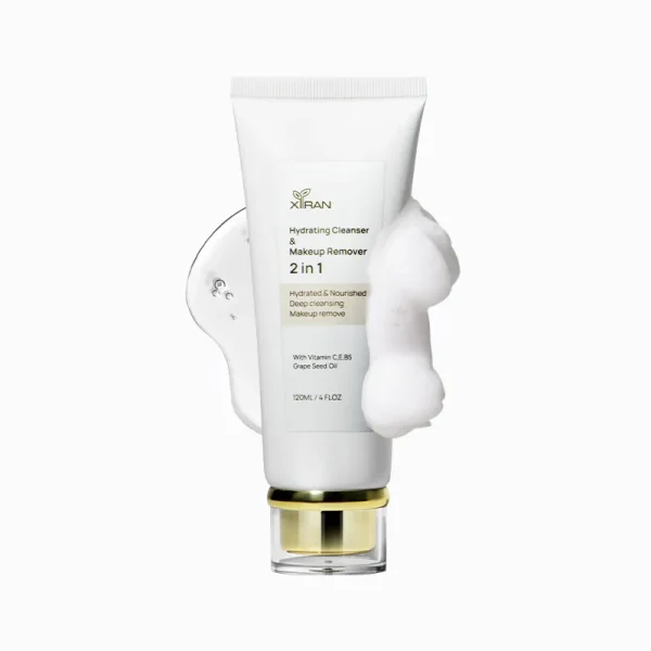 A tube of XIRAN's Hydrating Cleanser & Makeup Remover 2 in 1, surrounded by foam and liquid.
