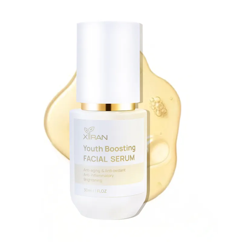 Image of Xiran Youth Boosting Facial Serum bottle with a liquid serum backdrop