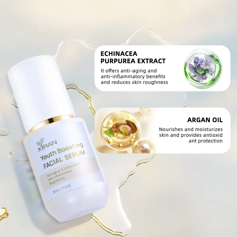 Image of Xiran Youth Boosting Facial Serum highlighting key ingredients: Echinacea Purpurea Extract and Argan Oil.
