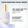 Image showcasing a youth boosting facial serum bottle with anti-aging, anti-inflammatory, and nourishing effects.