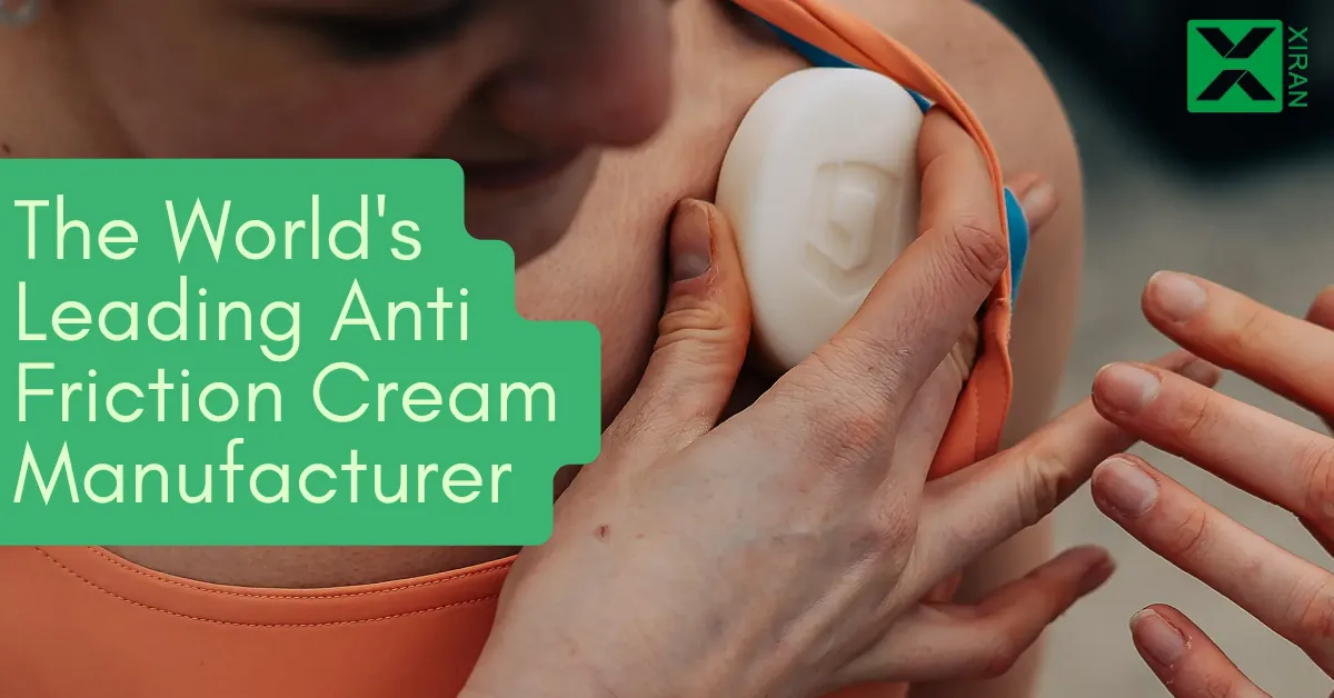 Person applying anti-friction cream under their clothes with text 'The World's Leading Anti Friction Cream Manufacturer'