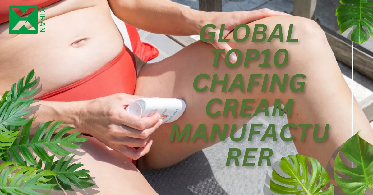 A person in a red swimsuit applying XIRAN chafing cream on their inner thigh, with the text 'GLOBAL TOP 10 CHAFING CREAM MANUFACTURER' overlaid on the image, along with tropical leaf graphics.