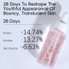 Image of a rose collagen face serum with text describing its effects in 28 days: whitening, wrinkle reduction, and improved skin elasticity.