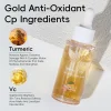 Image showcasing a bottle of Turmeric and Vital Two-Phase Face Serum, highlighting its ingredients: turmeric and vitamin C (Vc) with benefits of protection against oxidative damage and brightening skin tone.