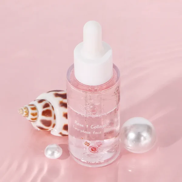 Bottle of Rose and Collagen Two-phase Face Serum with a seashell and pearls on a pink background.