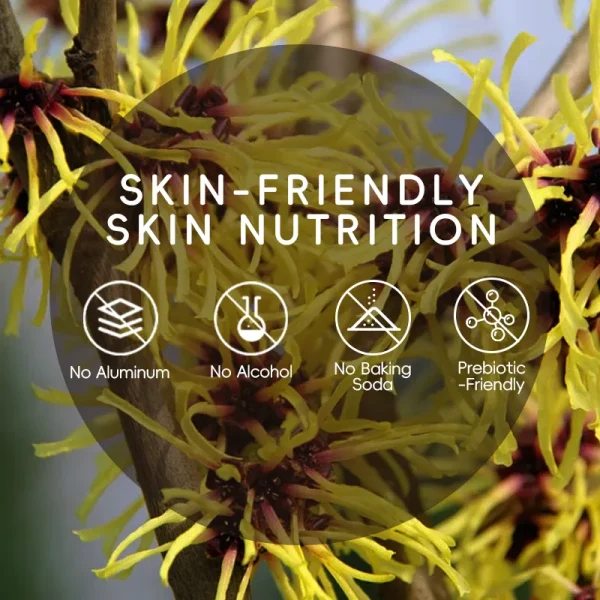 Image showcasing skin-friendly nutrition with natural ingredients and icons representing the absence of aluminum, alcohol, baking soda, and a prebiotic-friendly formula.
