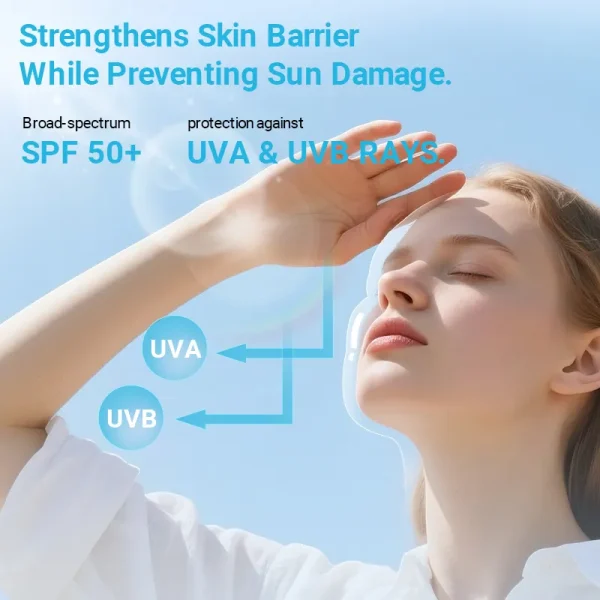 Image highlighting SPF 50+ broad-spectrum sun protection with a focus on UVA and UVB rays. A person is shielding their face with a hand against the sun.