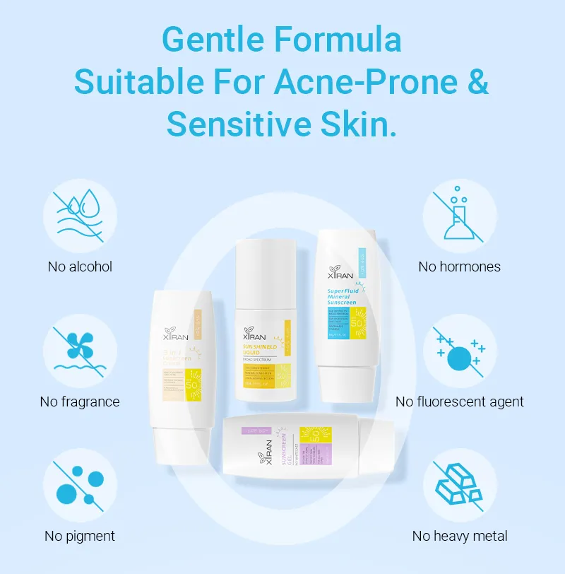 XIRAN skincare products with benefits for acne-prone and sensitive skin, including no alcohol, no fragrance, no pigment, no hormones, no fluorescent agent, and no heavy metal.