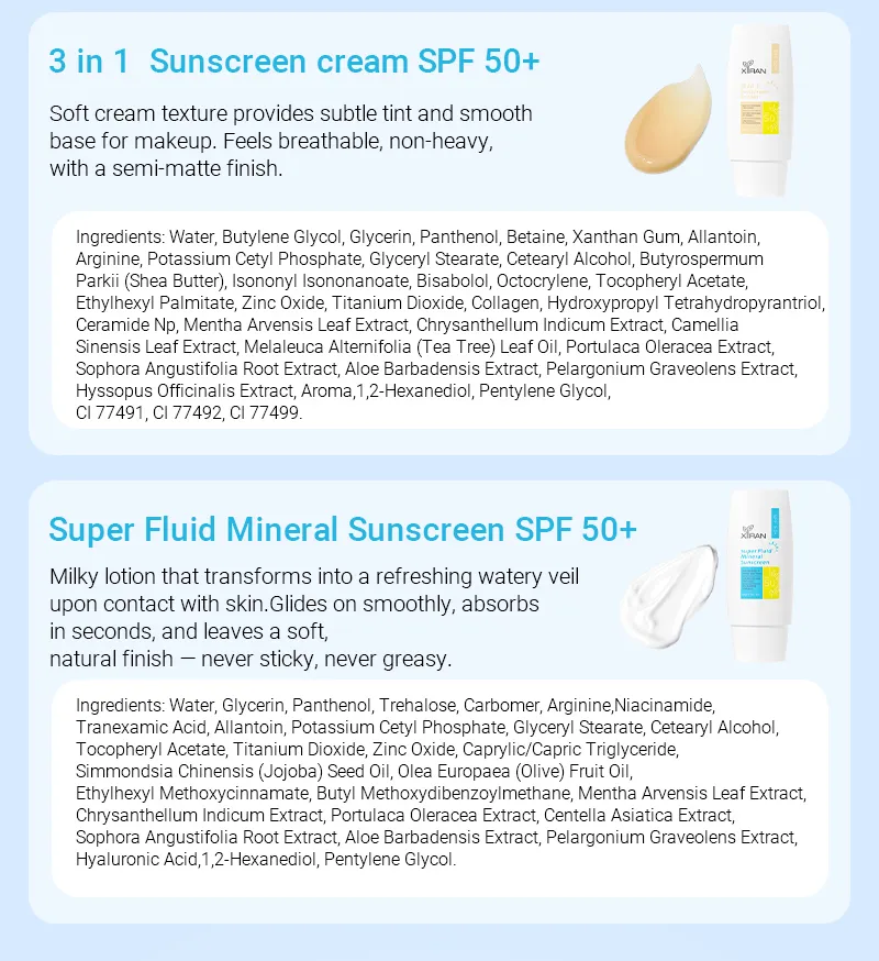 Comparison of 3 in 1 Sunscreen cream SPF 50+ and Super Fluid Mineral Sunscreen SPF 50+. The 3 in 1 Sunscreen offers a soft cream texture with a subtle tint and smooth base for makeup, and includes ingredients such as shea butter and titanium dioxide. The Super Fluid Mineral Sunscreen has a milky lotion texture that transforms to a watery veil, with ingredients like jojoba seed oil and zinc oxide.