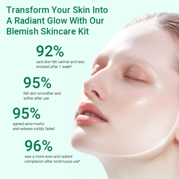 Promotional image for skincare product highlighting improvements in skin calmness, smoothness, acne, and complexion.