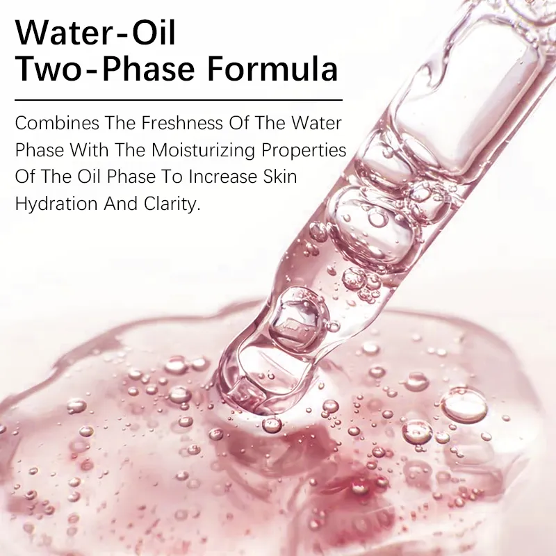 A close-up image showing a pipette with a water-oil two-phase serum and bubbles, highlighting the product's ability to combine hydration and moisturizing properties.