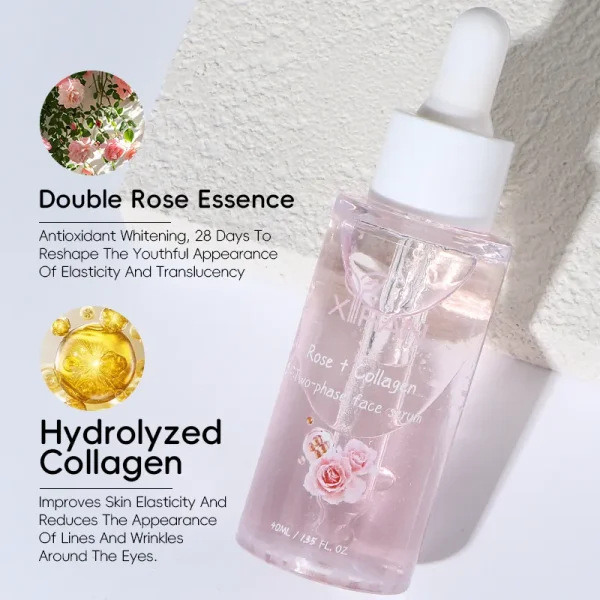 Xilan Rose Collagen two-phase face serum bottle with skincare benefits highlighted, including double rose essence and hydrolyzed collagen for elasticity and reduced wrinkles.