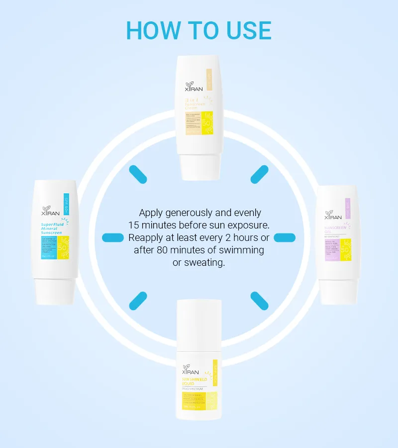 Instructions for applying Xinran sunscreen, featuring four different sunscreen products on a light blue background.