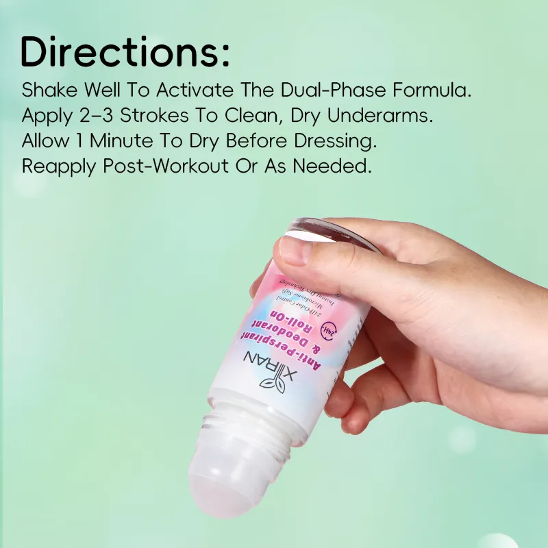 Directions for applying the Xiran anti-perspirant roll-on shown in a hand.