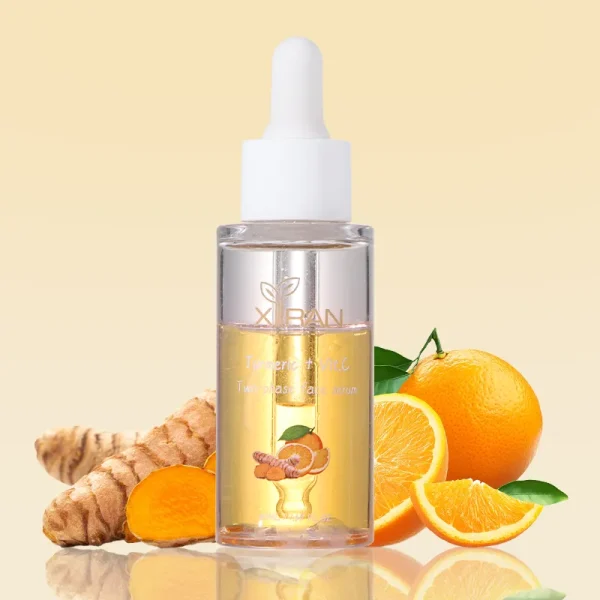 A bottle of XIRAN skincare serum with turmeric and vitamin C, surrounded by fresh turmeric root and orange fruit.