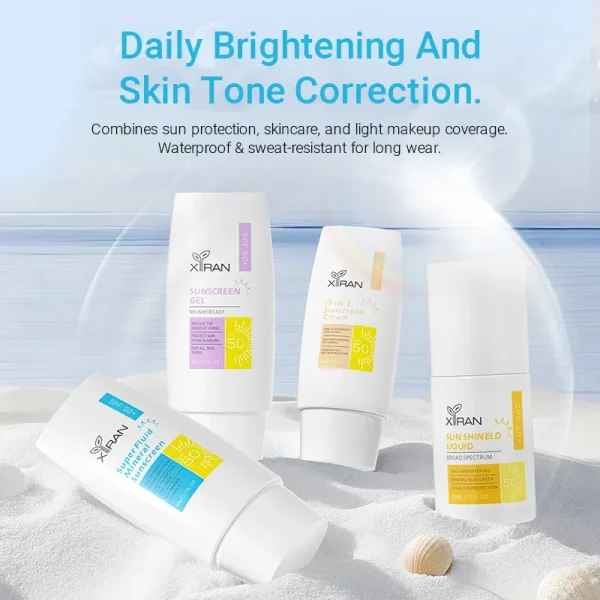 Image showcasing four different types of XIRAN sunscreen products on a sandy surface with a background of ocean, promoting daily brightening and skin tone correction.