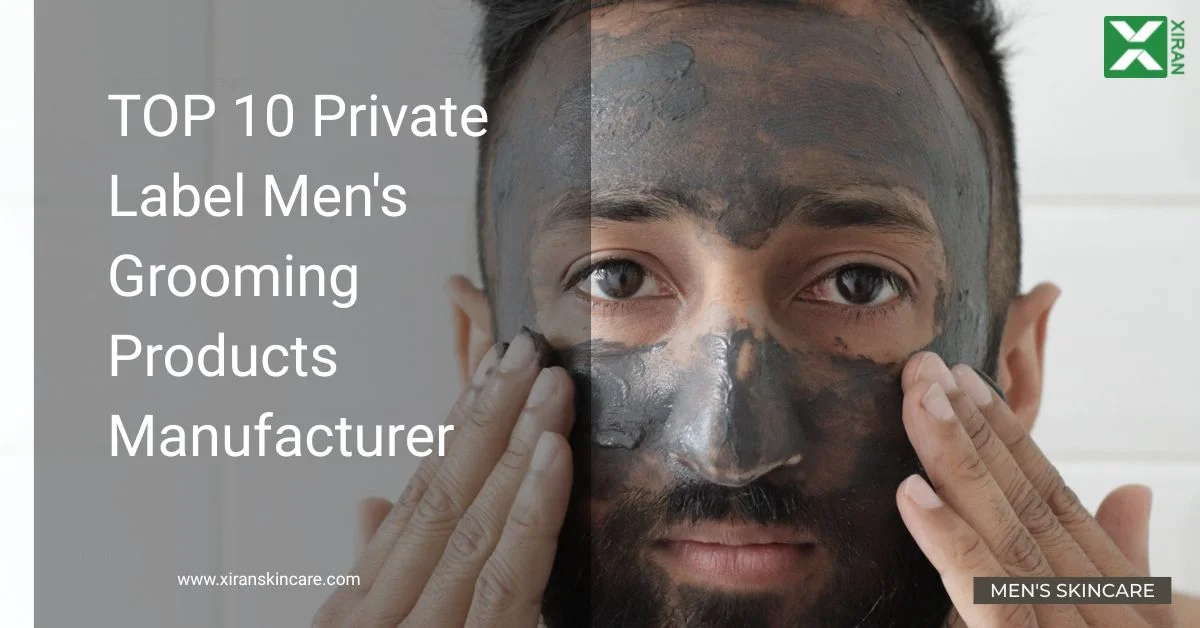 Advertisement highlighting top private label men's grooming products manufacturer with branding elements.