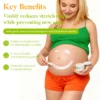 Pregnant woman wearing green top and orange shorts applies stretch mark cream on her belly, showcasing the cream's benefits.