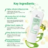 List of key ingredients for intimate whitening cream featuring a bottle and ingredients like aloe vera, licorice root, and niacinamide.
