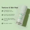 Bottle of XIRAN Botanical Blemish Relief Serum on green background with text highlighting product texture and skin feel benefits.