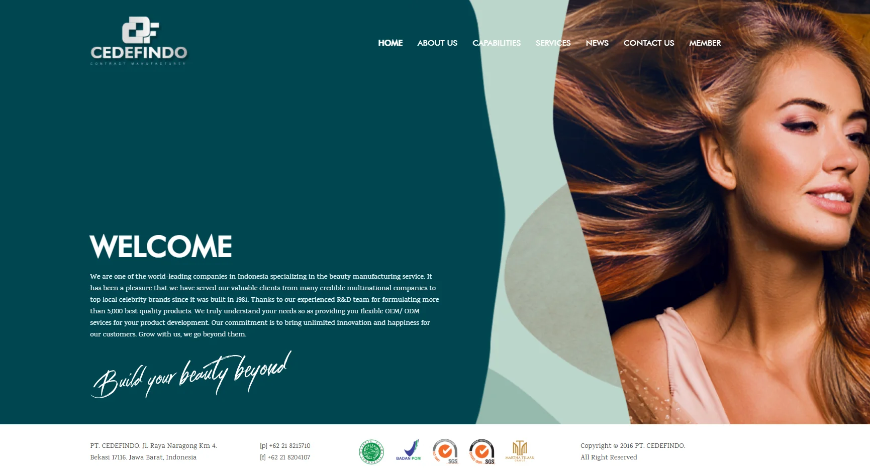 Cedefindo website with welcome message and menu options. Text highlights company's expertise in beauty product manufacturing.