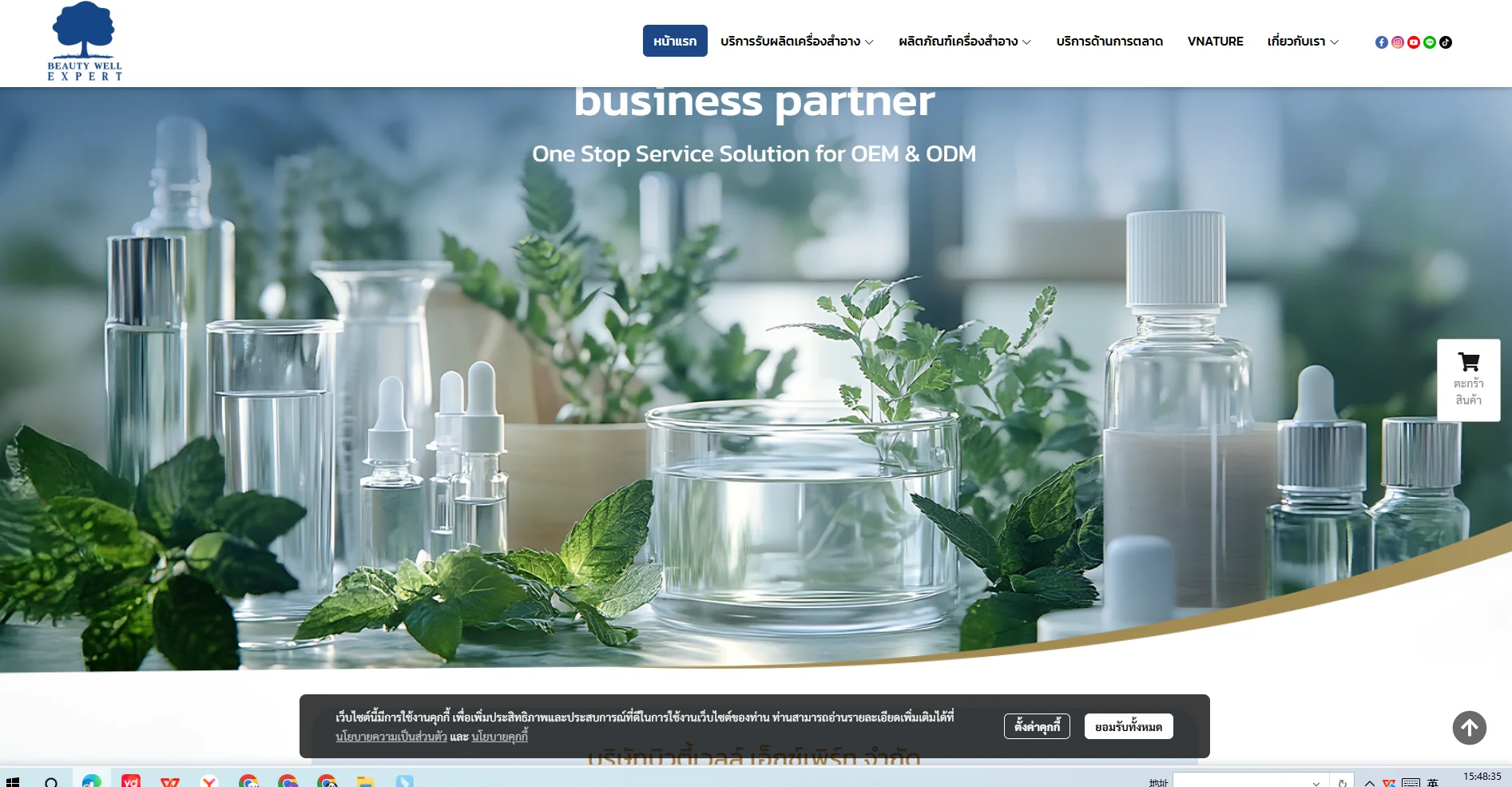 Assorted cosmetic bottles and droppers with clear natural liquid surrounded by green leaves, emphasizing OEM & ODM services.