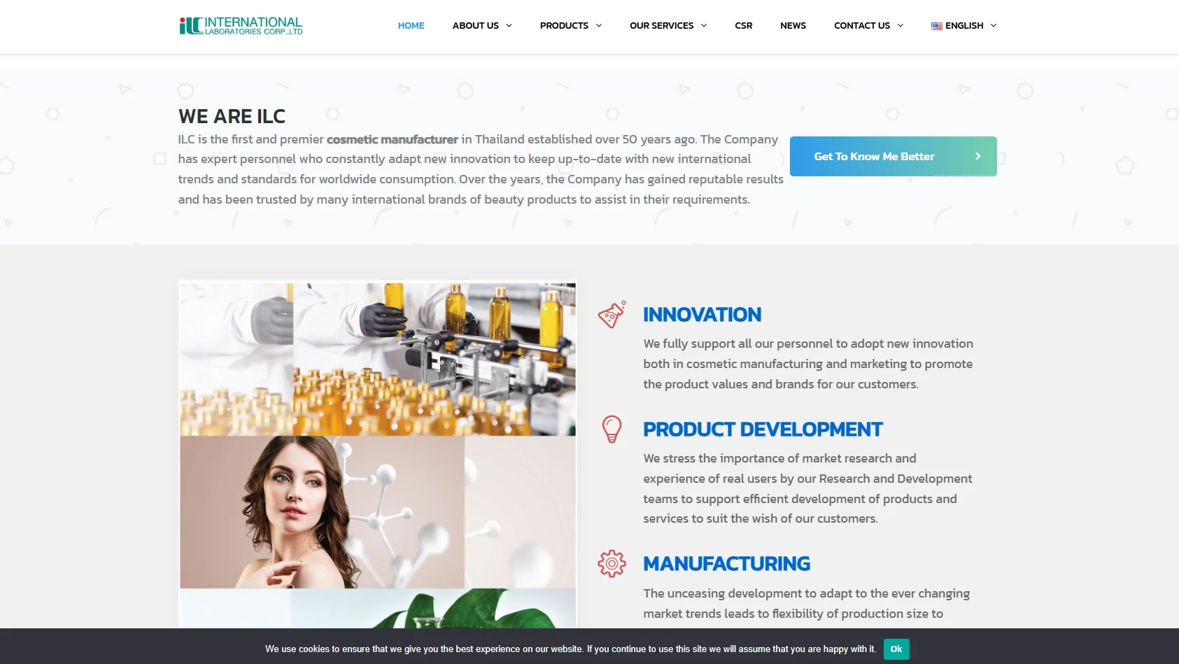 Website layout for a cosmetic manufacturer showcasing innovation, product development, and manufacturing processes with imagery of production line and molecular structures.