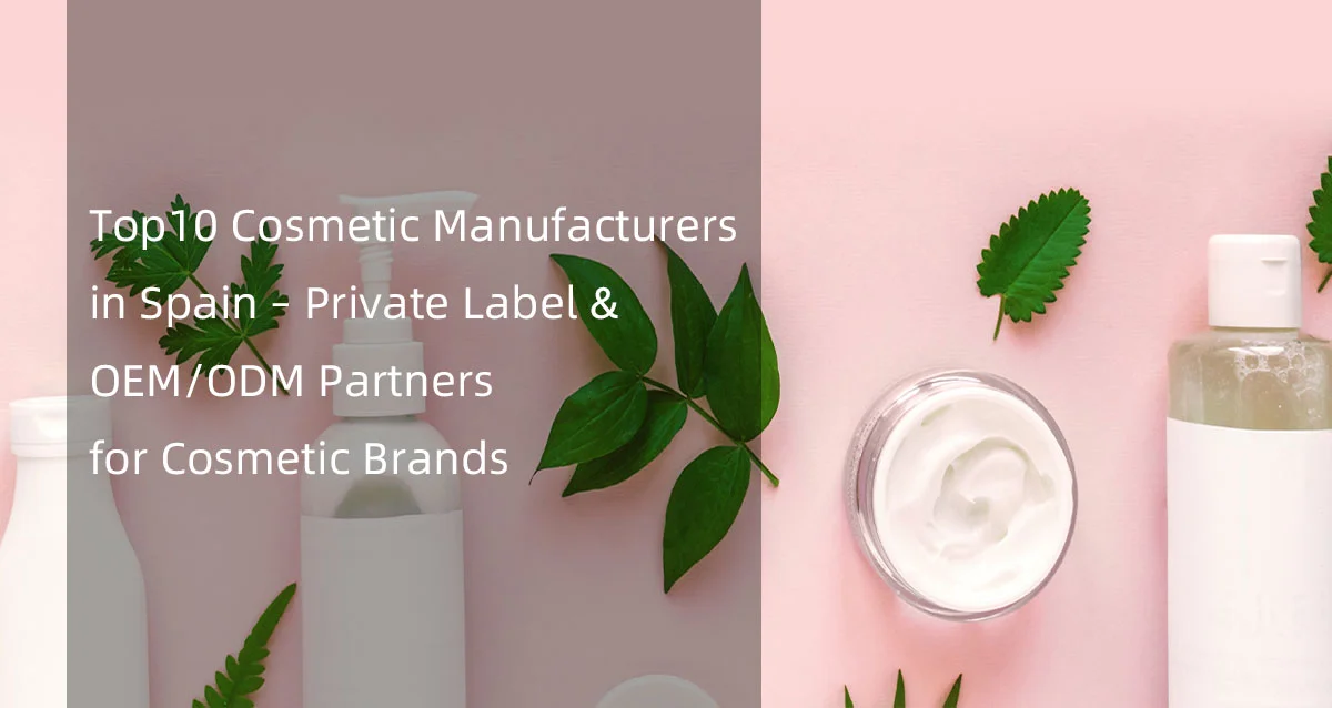 Cosmetic bottles and cream jar arranged with green leaves on a pink background, text about top Spanish cosmetic manufacturers for private label.