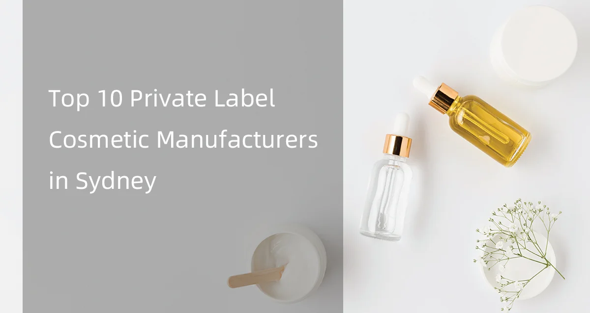 Cosmetic bottles and flowers on a table with text about top private label manufacturers in Sydney.