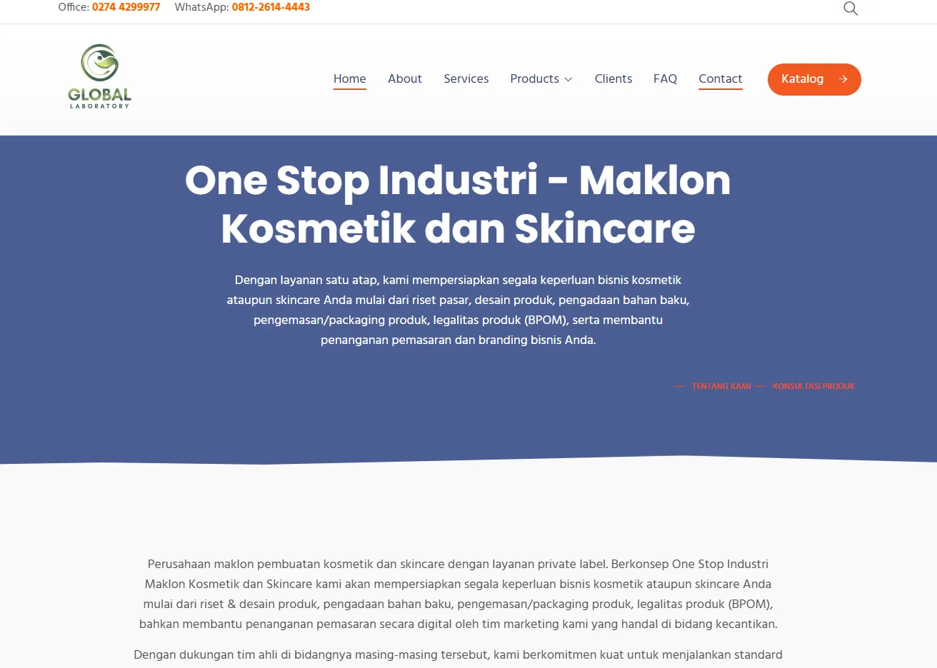 Homepage of a cosmetic and skincare service with contact details, navigation menu, and service overview in Indonesian.