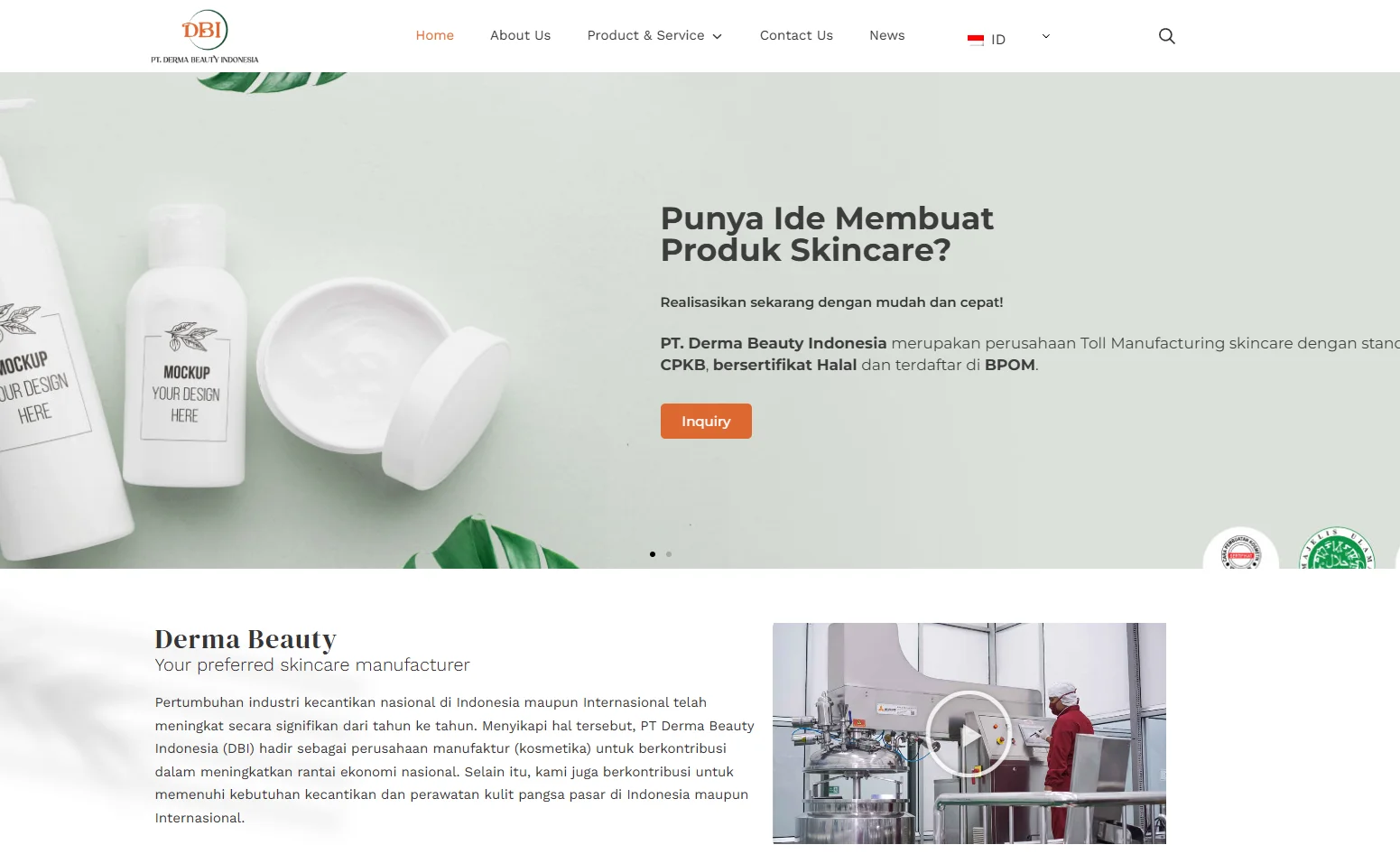 Homepage of Derma Beauty Indonesia showcasing skincare manufacturing services with mockup containers and manufacturing facility image.