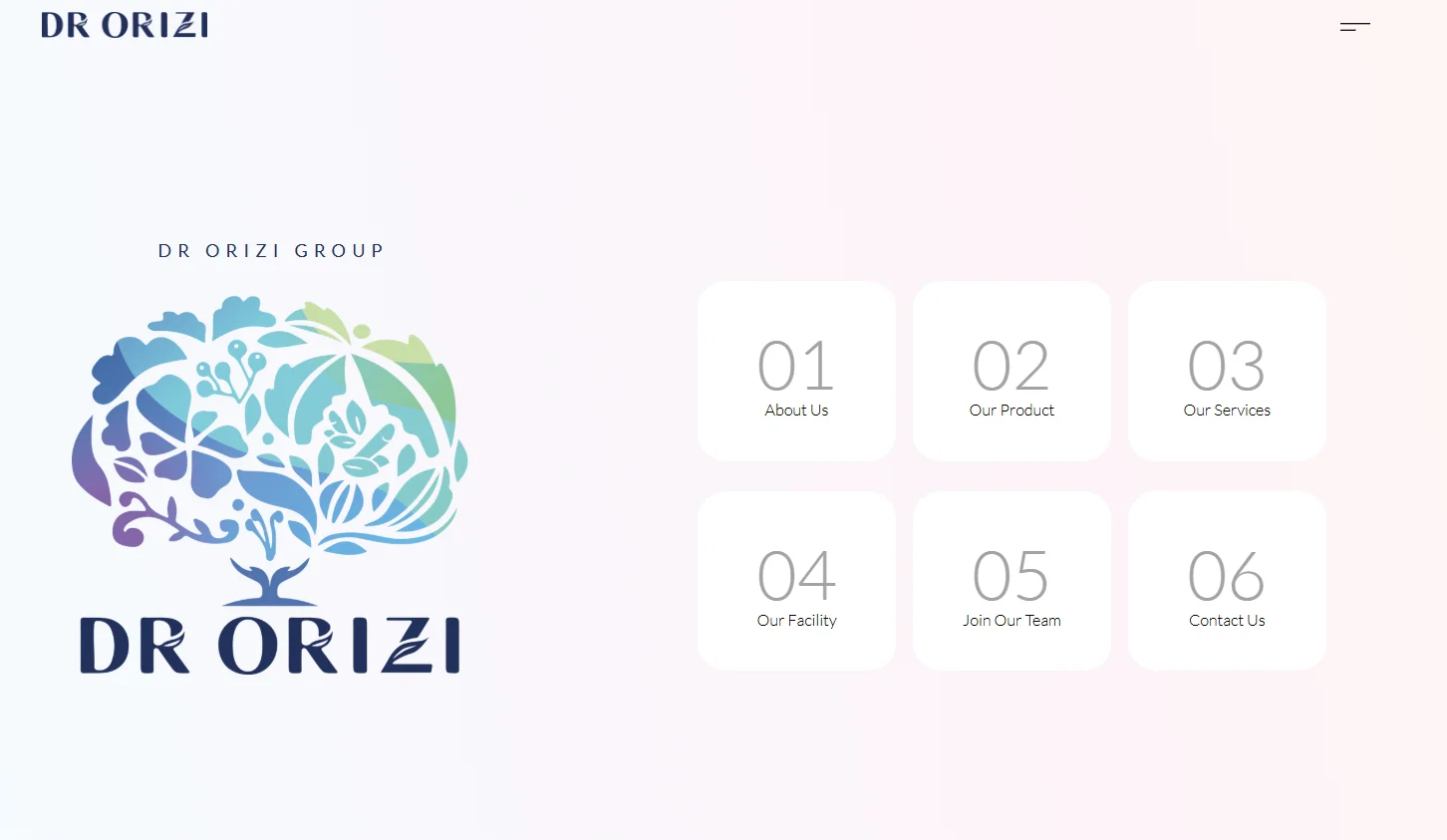 Dr Orizi Group logo with floral design and navigation menu options including About Us, Our Product, Our Services, Our Facility, Join Our Team, Contact Us.