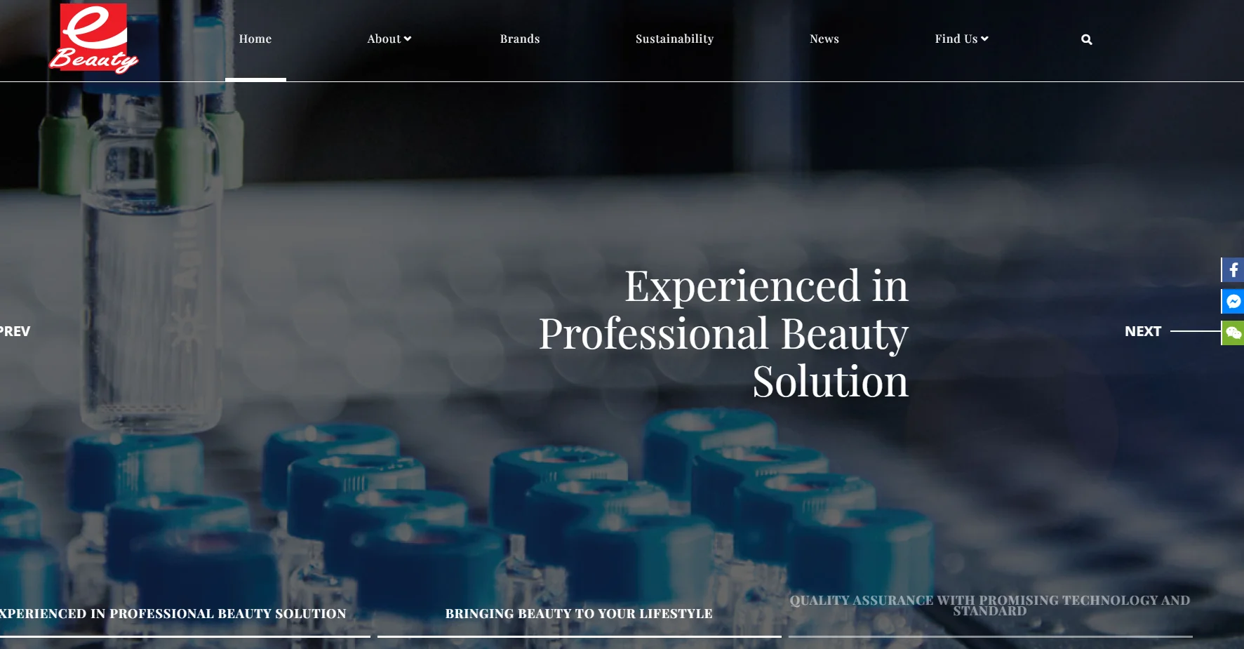 E-Beauty website homepage featuring professional beauty solution services with laboratory vials and navigation menu visible.