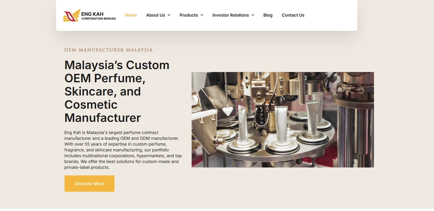 Eng Kah Corporation Berhad webpage displaying OEM cosmetic manufacturing capabilities in Malaysia. Machinery with tubes of cosmetics.