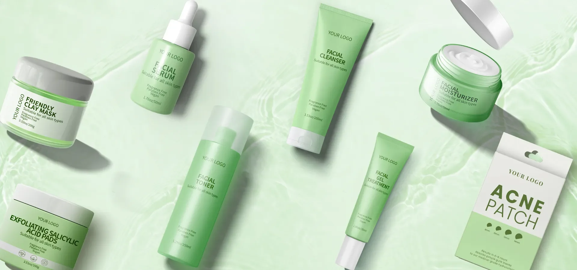 Various green skincare products including facial serum, clay mask, cleanser, and acne patch arranged on a light green background.
