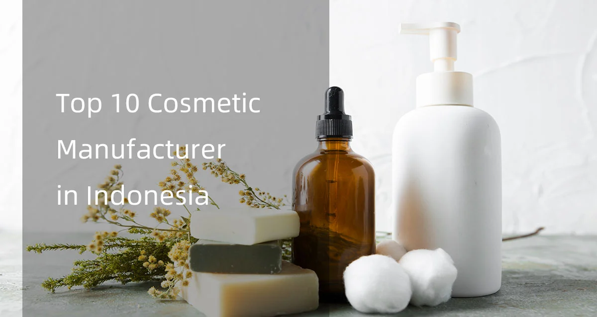 Cosmetic products including bottles, soaps, and cotton balls displayed alongside text about top 10 cosmetic manufacturers in Indonesia.