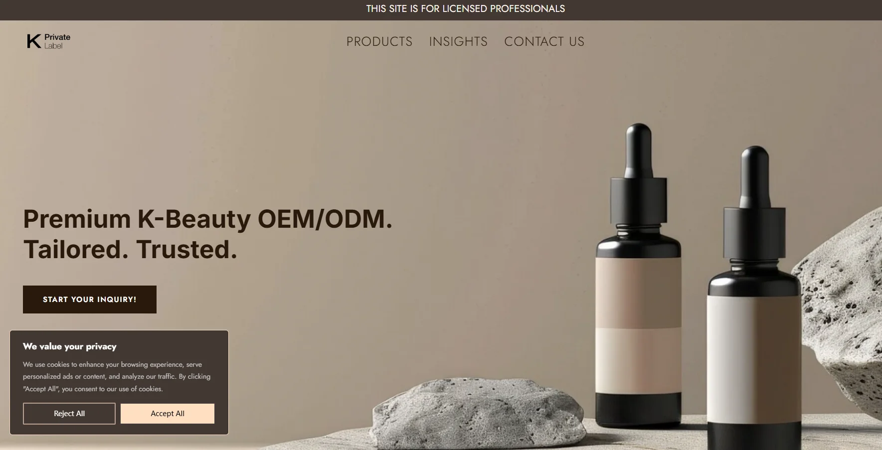 Promotional banner displaying two skincare bottles and stone with text about K-Beauty OEM/ODM services.