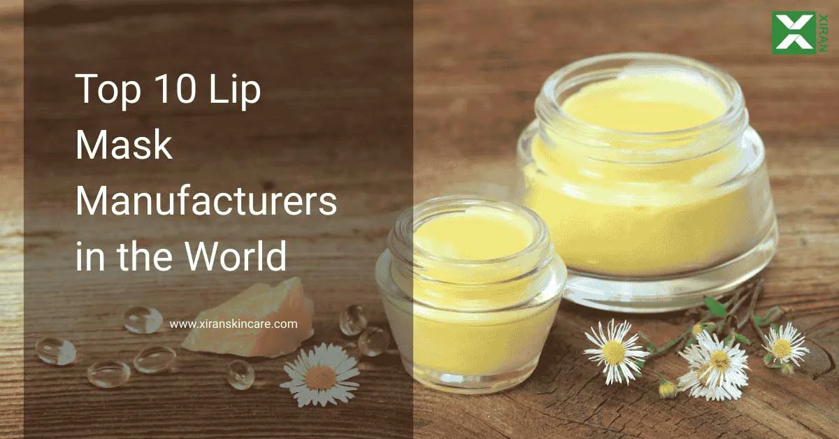 Two glass jars of yellow lip mask with chamomile flowers on a wooden surface, next to text about top 10 lip mask manufacturers.
