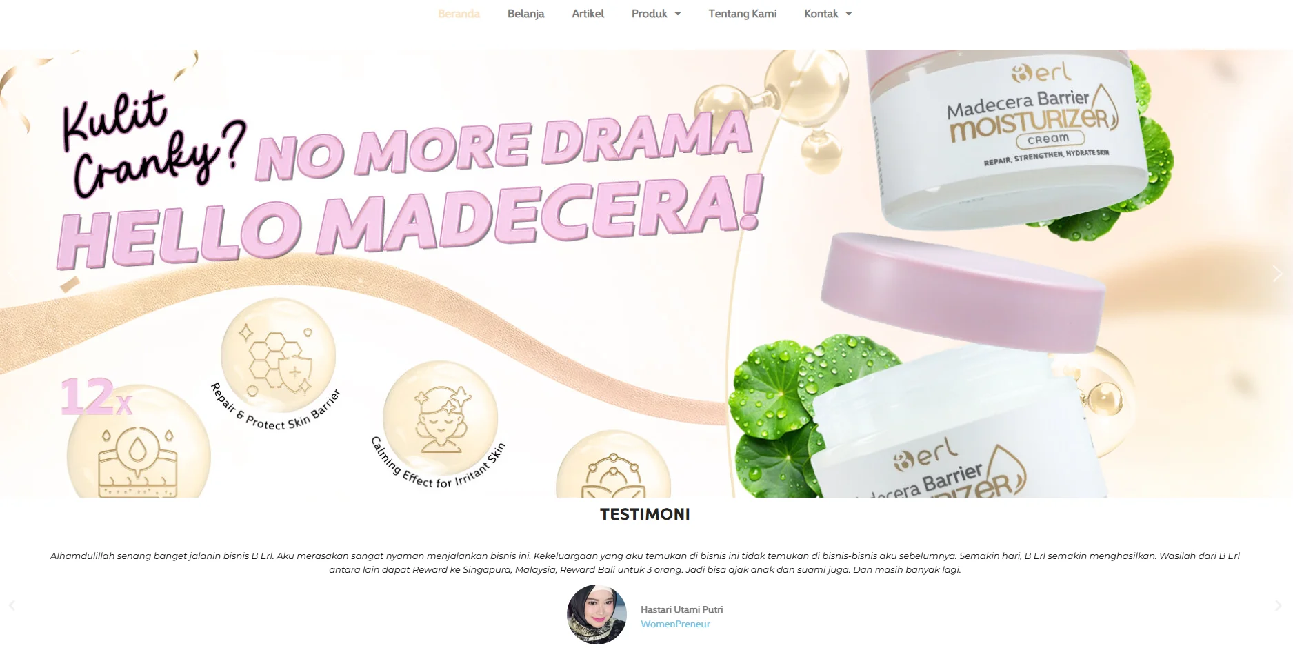 Promotional banner for Madecera Barrier Moisturizer cream with a focus on skin repair and hydration features.