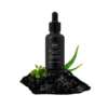 Men's revitalizing serum bottle with pipette, placed on dark rock with green aloe vera leaves and small plant, emphasizing natural ingredients.