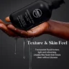 Hand holding Men Story 3-in-1 hydrating bottle with liquid texture, highlighting shampoo and body wash features.