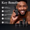 Men's Story skincare product lineup displayed with benefits including energizing skin and hydrating, featuring multiple product bottles.